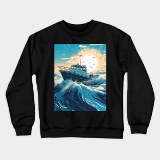 Motorboat Slicing Through The Waves Of A Vibrant Blue Ocean Crewneck Sweatshirt